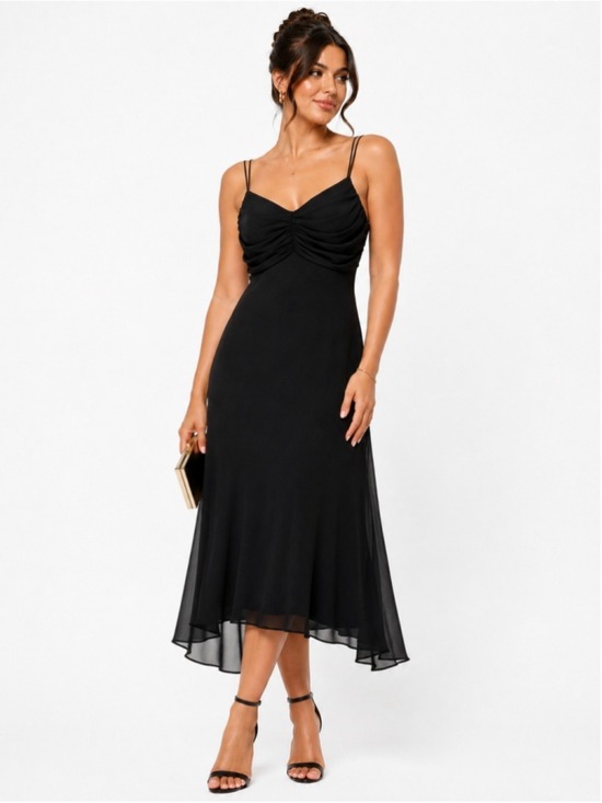 precis petite Dresses & Skirts - Black Cocktail Evening Dress Sheer Chiffon Midi Flowy Spaghetti Straps Petite S